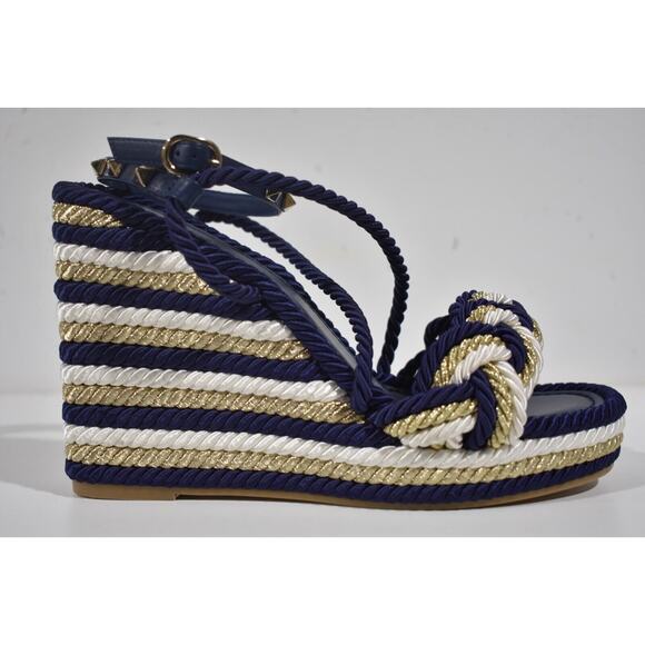 Valentino Rockstud Torchon Blue Stripe Cord Rope Wedge Ankle Strap Sandal 42 - Picture 2 of 12